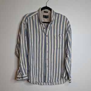 Preswick & Moore Men's Blue and Cream Striped Shirt 90s Vintage